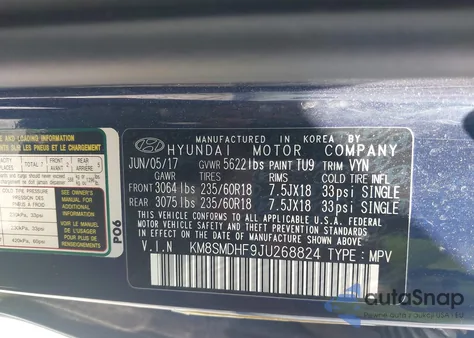 2018 Hyundai Santa Fe Se from USA, damaged, VIN KM8SMDHF9JU268824
